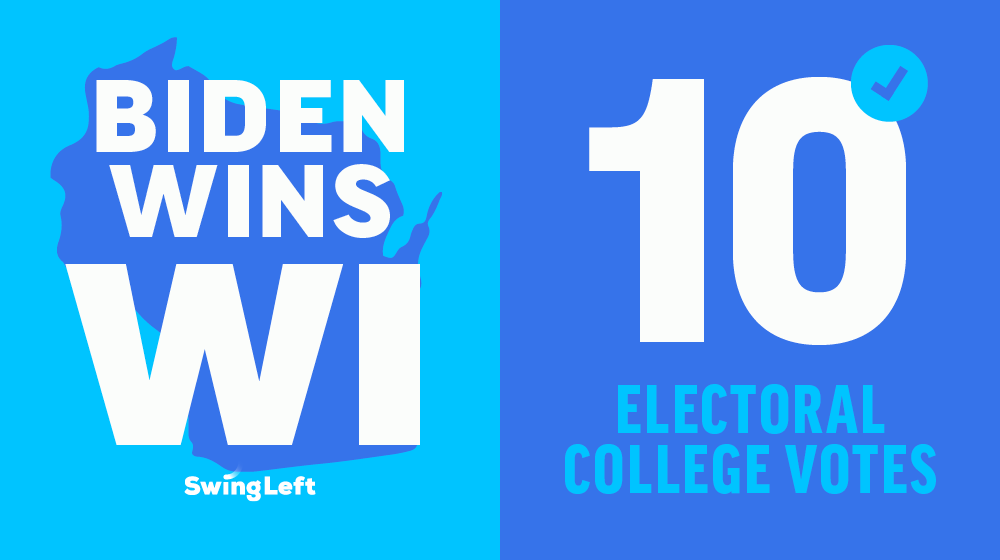swingleft's tweet photo. .@JoeBiden is projected to win Wisconsin—a state that went red in 2016 by less than 23,000 votes. #swingleft2020 #CountAllTheVotes #CountOnUs #ElectionResults2020 https://t.co/R1RvJ4Rtd5