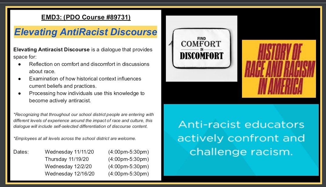 mcpsequityteam's tweet photo. Our newest Equity Matters Dialogue: "Elevating Antiracist Discourse" starts next week! Its available for all employees across the school district. Register and Retweet! https://t.co/sweFd7pQvX