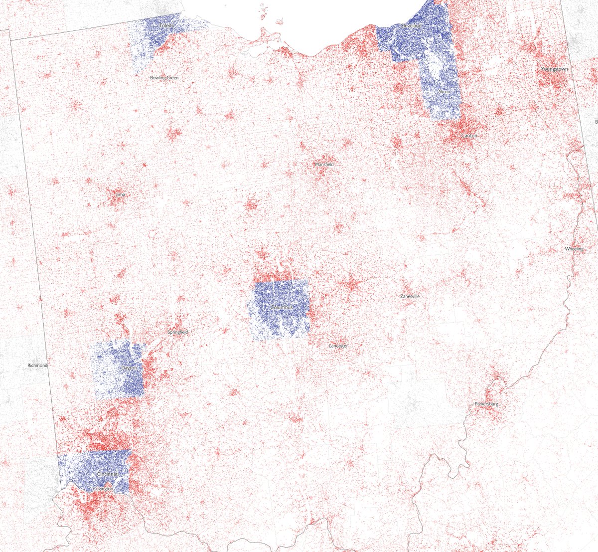 For example in Ohio only major cities like Cincinnati or Cleveland vote Democrat. Sparser areas and the suburbs go Republican
