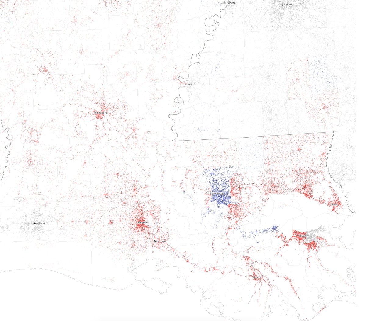 If you visualise the data and show where people actually live you can see beautiful patterns emerging. This is one of my favourite screenshots, from Louisiana, which has voted Republican