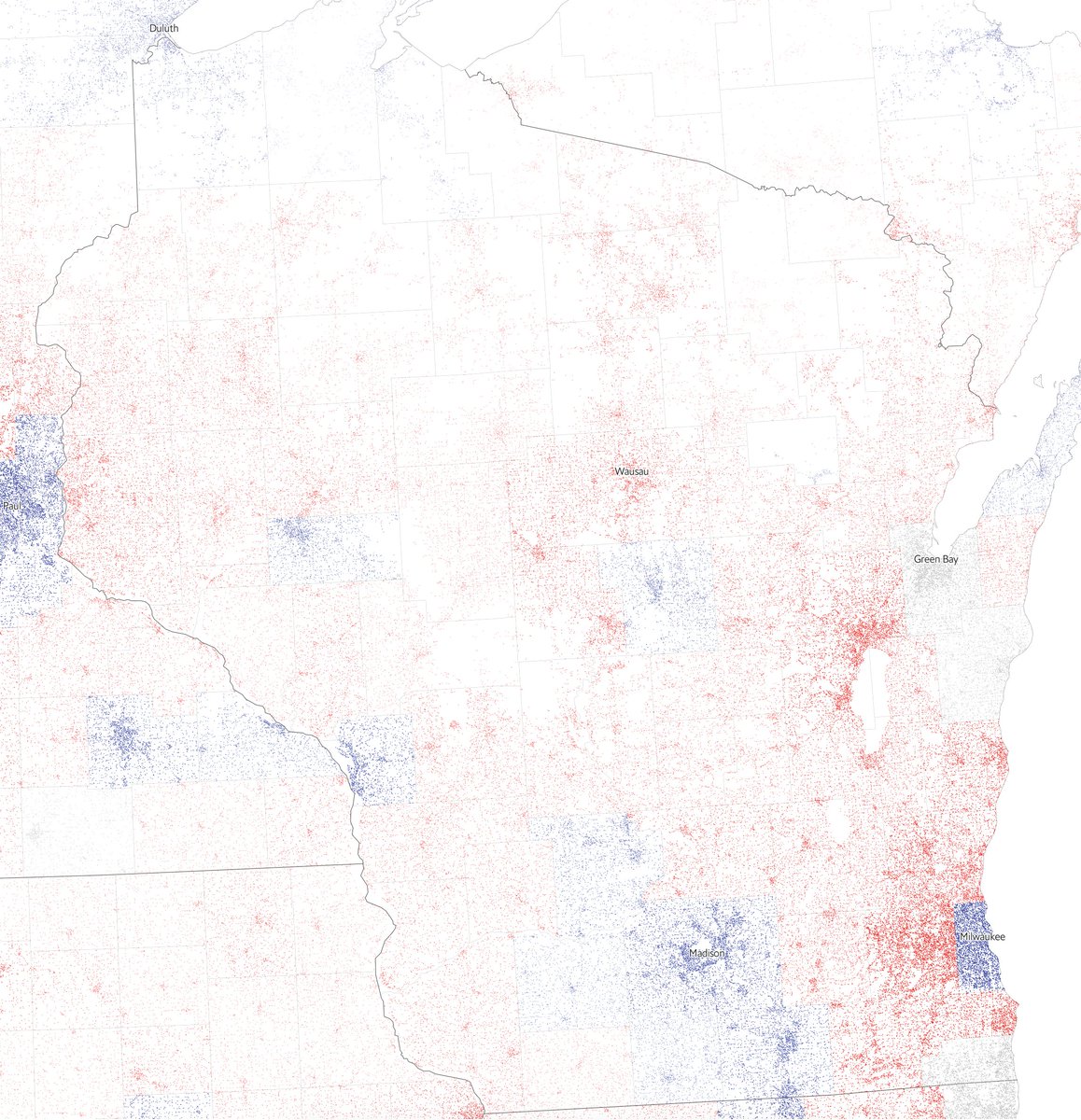 In Wisconsin Democrat votes are concentrated along urban Milwaukee and Madison, a university town