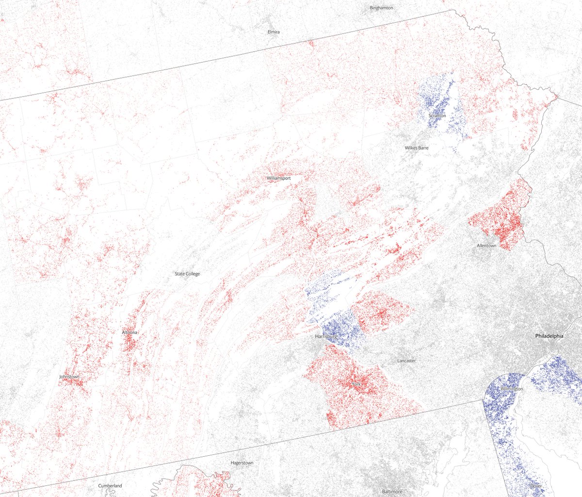 Natural boundaries appear too. These are the Appalachians in Pennsylvania
