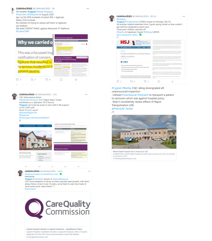 CAMHSinCRISIS's tweet photo. @JeremyH09406697 They've been 5 damming #Cygnet reports
in the last 7 days
5 Units, including 1 death & 1 unit closure
and it's only Wednesday!
#AcerClinic
#GoddenGreen
#AppleTree
#Bierely
#Colchester
@CareQualityComm
@DrKevinJCleary
NHSE #ProviderCollaborative eh
@MattHancock https://t.co/prVgorSszk
