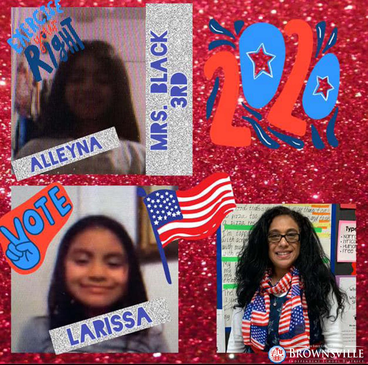 BrownsvilleISD's tweet photo. The 3rd grade students, in Mrs. Black's class from Pullam Elementary School, showed their patriotism on Election Day. #BISD #TheBestChoice #BISDStrong #Pullam #ElectionDay https://t.co/OJOnCX7yww