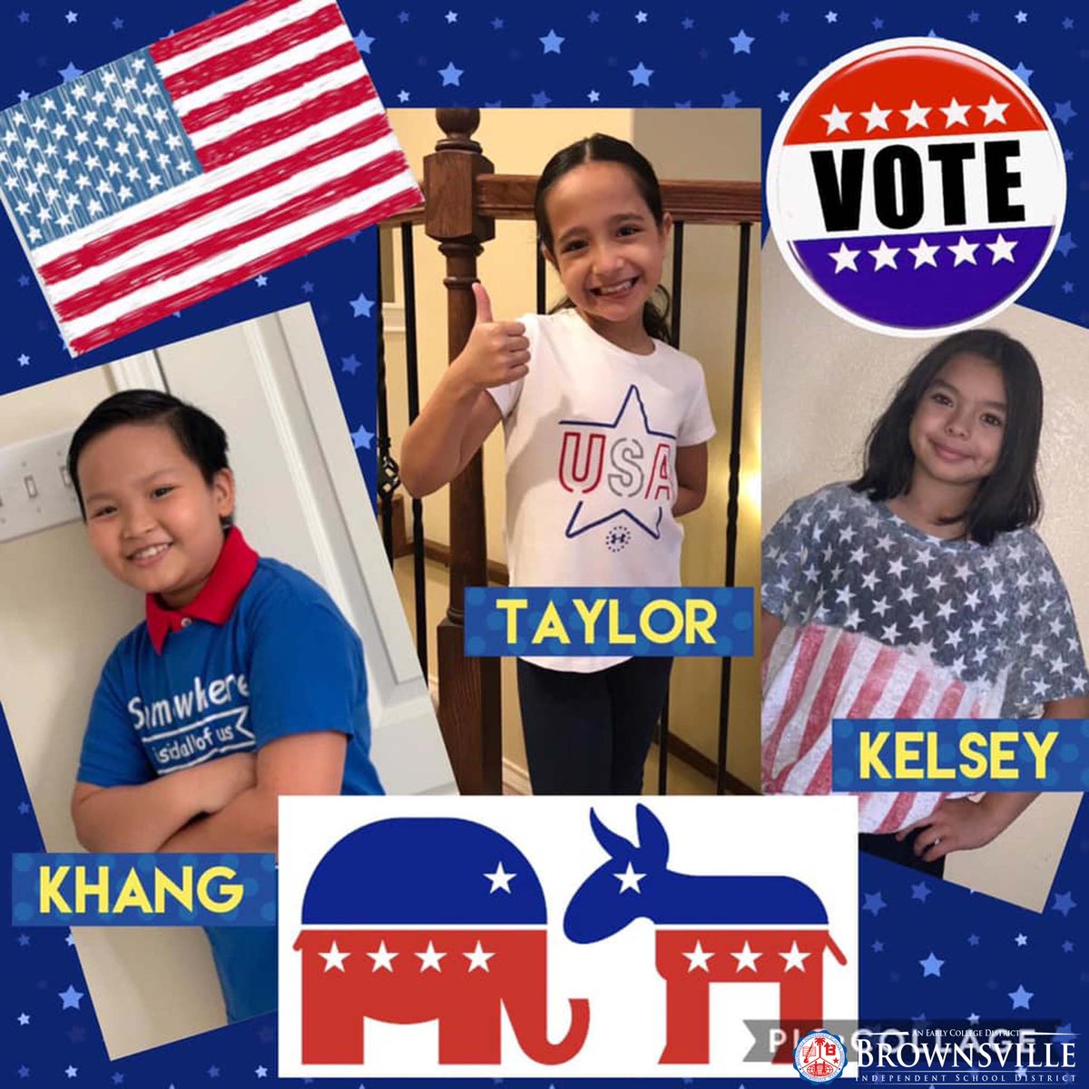 BrownsvilleISD's tweet photo. The 3rd grade students, in Mrs. Black's class from Pullam Elementary School, showed their patriotism on Election Day. #BISD #TheBestChoice #BISDStrong #Pullam #ElectionDay https://t.co/OJOnCX7yww