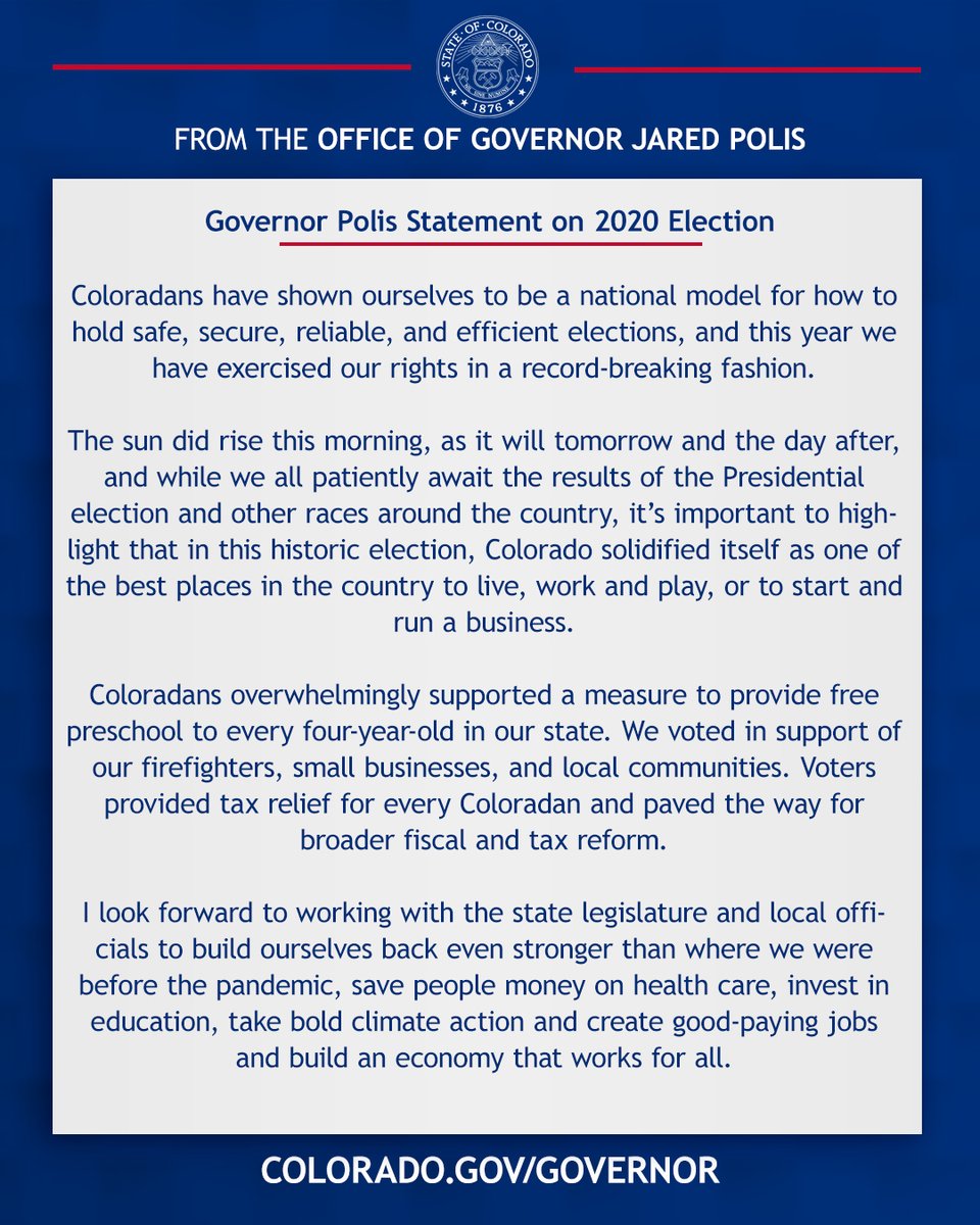 GovofCO's tweet photo. Coloradans have shown ourselves to be a national model for how to hold safe, secure, reliable, and efficient elections, and this year we have exercised our rights in a record-breaking fashion.

My full statement on #Elections2020: https://t.co/TBXUTT8n0r https://t.co/4Hfxpj7RSM