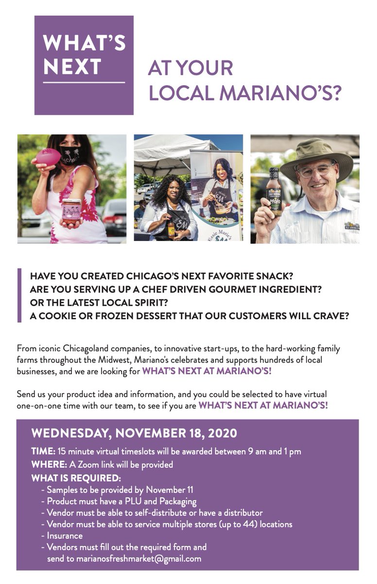 Have you created Chicago's next favorite snack? Are you serving up a chef driven gourmet ingredient? Or the latest local spirit? A cookie or frozen dessert that customers will crave? <a href="/MarianosMarket/">Mariano's</a> #local 

fb.me/e/1U8hEQ0qP
