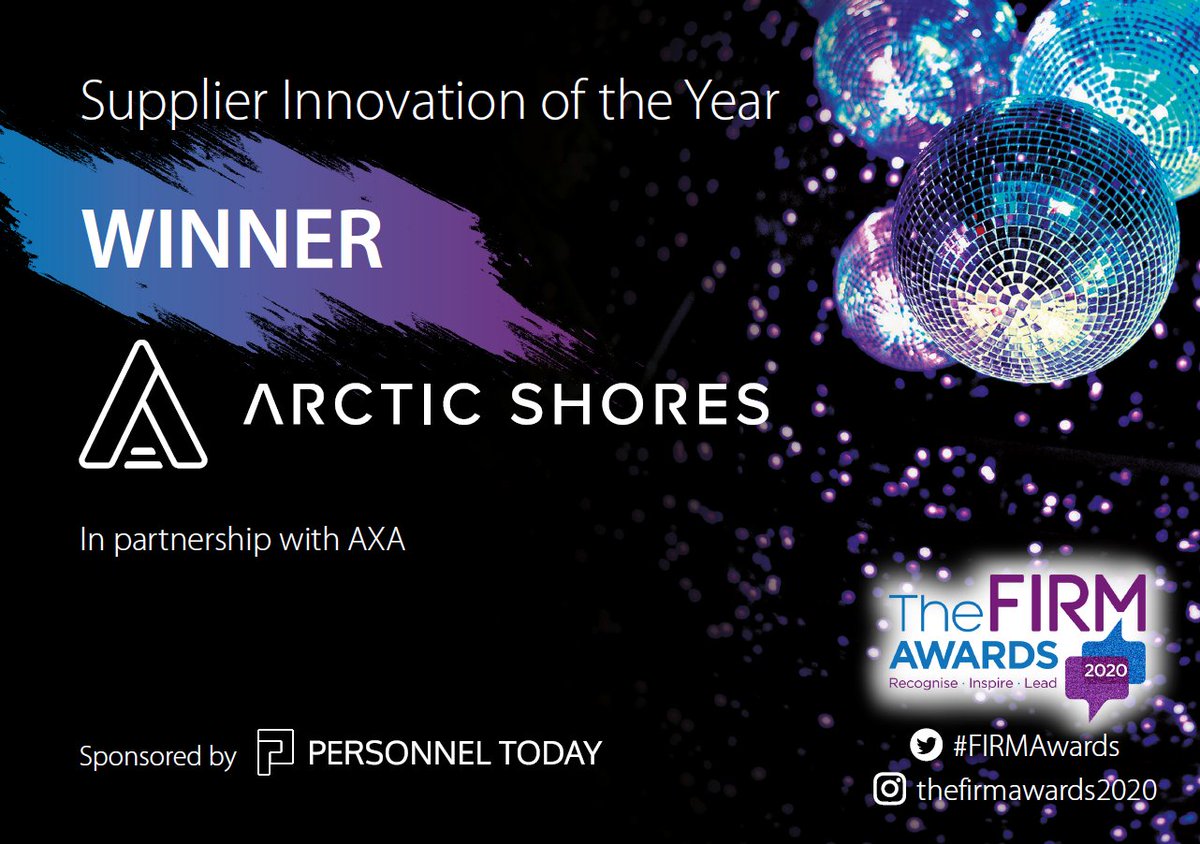 TheFirmRecruits's tweet photo. 🍾Congratulations to @arctic_shores in partnership with @AXA the winner of Supplier Innovation Of The Year Award sponsored by @personneltoday 👏  #FIRMAwards #FIRMAwards2020 #FIRMRecruitmentLeaderOfTheYear https://t.co/0D5jsY0Qoc