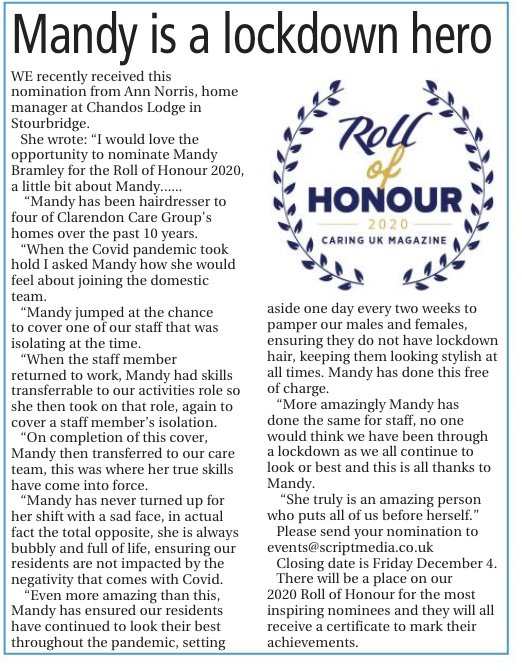 ✨The Team at Chandos Lodge✨
The team at Chandos Lodge would like to congratulate Mandy Bramley for being nominated Roll of Honour 2020 lockdown hero! Staff and residents are very greatful for everything that you do whilst you’re at chandos!