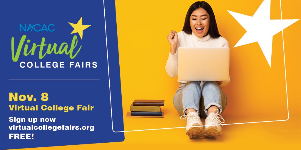 NACACFairs's tweet photo. LAST CHANCE to attend a Virtual College Fair is Sunday, November 8th! Join 600+ colleges on this dynamic, new meeting space. #NACACfairs #collegeadmissions 
https://t.co/pHuy91nAYN https://t.co/DIpEbJgirh