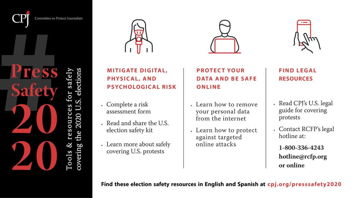 Hey journalists! Are you covering #Election2020 in the U.S.?

#CPJEmergencies has compiled the safety resources you may need to stay safe.

Read, save, and share our one-pager guide on election safety.

Find more #PressSafety2020 resources at cpj.org/presssafety2020