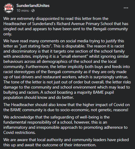 SunderlandAF_'s tweet photo. We are extremely disappointed to read this letter from the Headteacher of Sunderland's Richard Avenue Primary School that has singled out and appears to have been sent to the Bengali community only. @Richard_Avenue https://t.co/gKWXWmH6O4