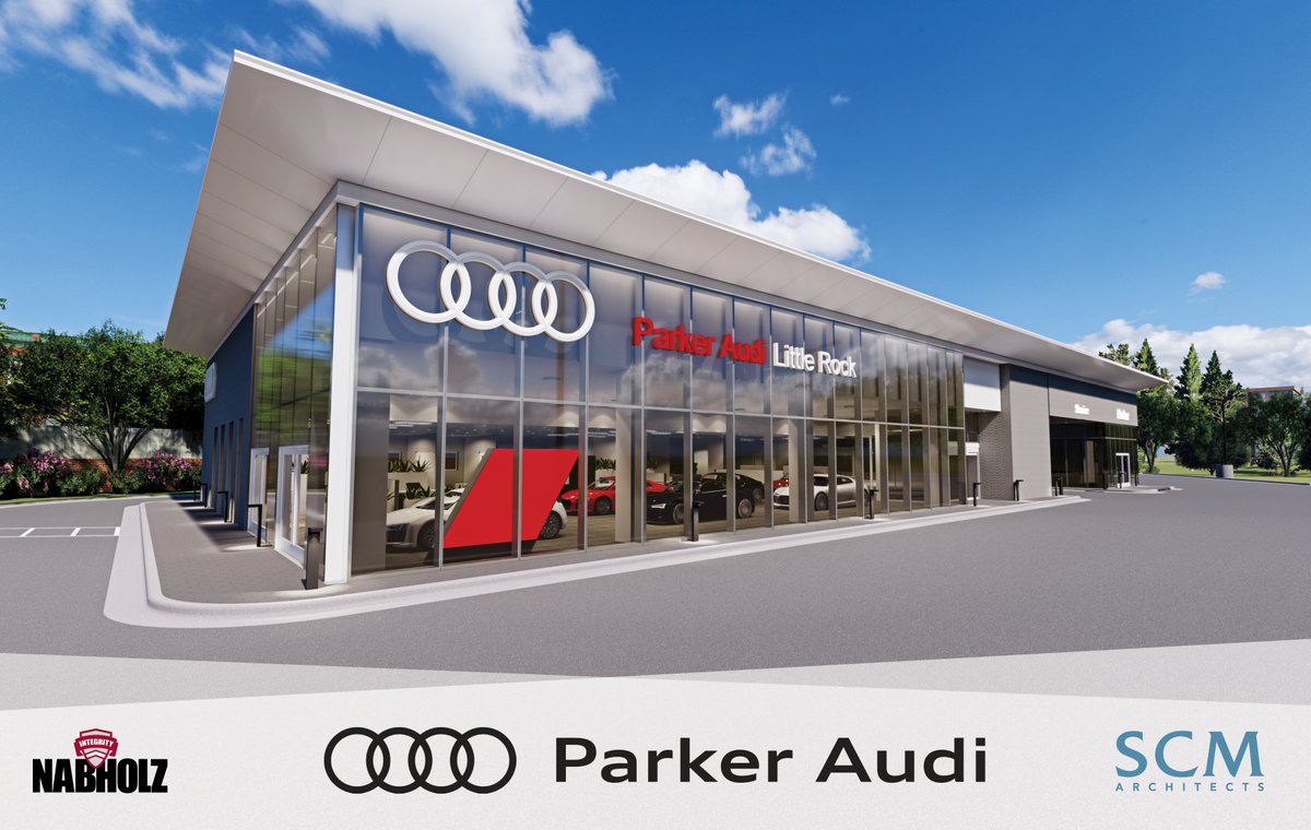 SCM_Architects's tweet photo. If you've traveled through the intersection of Markham and Chenal Parkway, you may have noticed the beginnings of a renovation for the new Parker Audi dealership.  Here is a glimpse of the end product! @ParkerAudi @NabholzCorp https://t.co/3M7mSVl0mP