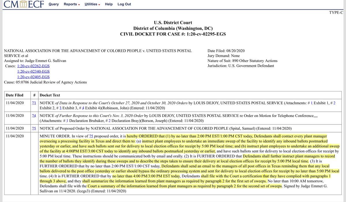 Now that’s one hella long minute orderTexas does appear (previously mention upthread earlier today) issues”facility to identify any inbound ballots postmarkedyesterday or earlier.. such ballots sent out for delivery to local election offices for receipt by 5:00 PM local time”