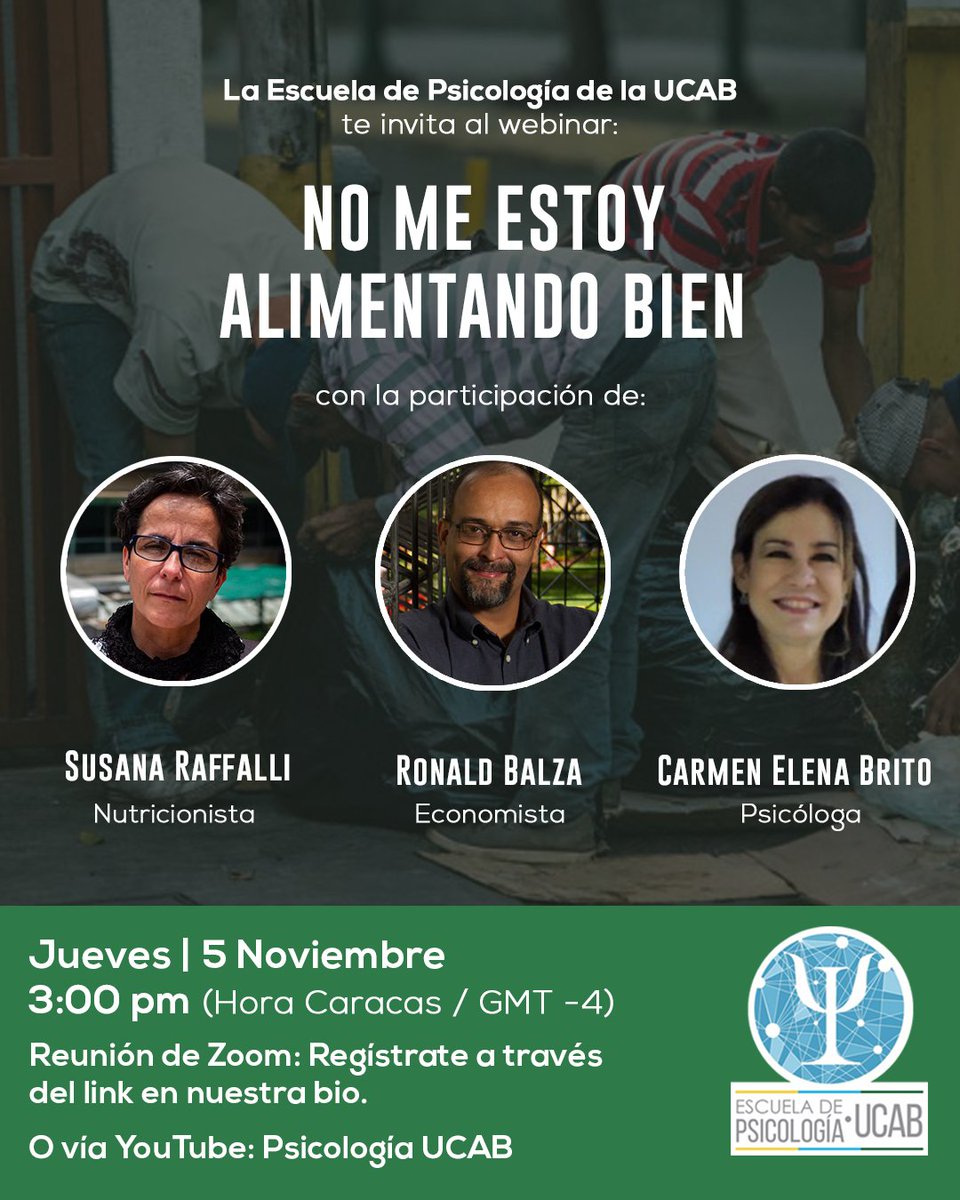 psicologia_ucab's tweet photo. Mañana #5Nov a las 3:00pm hablaremos sobre la crisis alimentaria que ocurre en el país.

Panelistas:
- Susana Raffalli (Nutricionista)
- Ronald Balza (Economista)
- Carmen Elena Brito (Psicóloga) https://t.co/cvCBc4IoxV