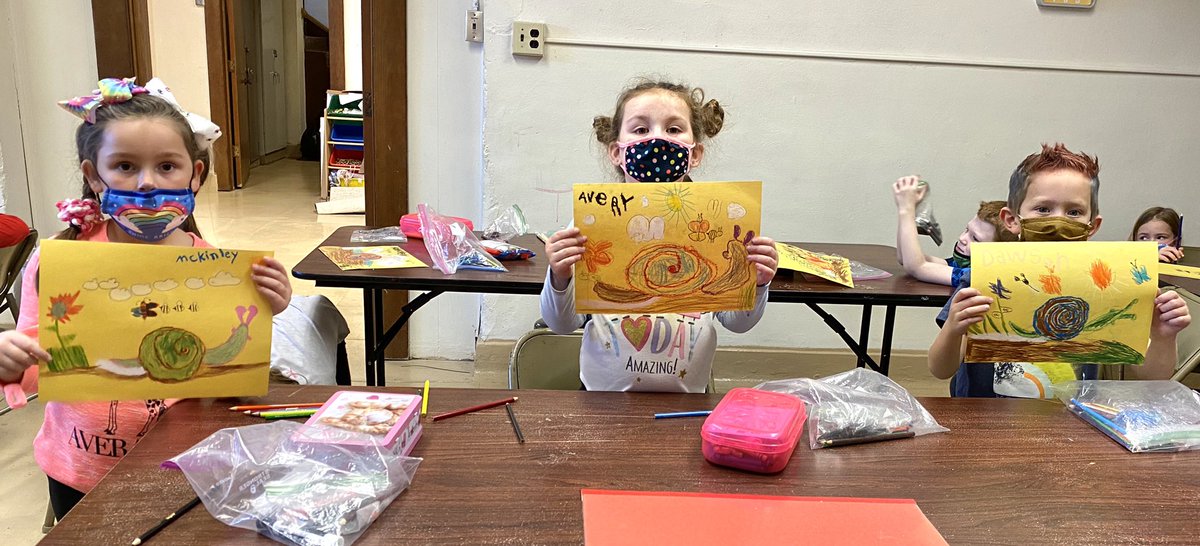 ArtAndMsG's tweet photo. The snail masterpieces of #kindergarten artists McKinley, Avery and Dawson! #artclass #RHLSD_Colts https://t.co/jxWON5gd1G