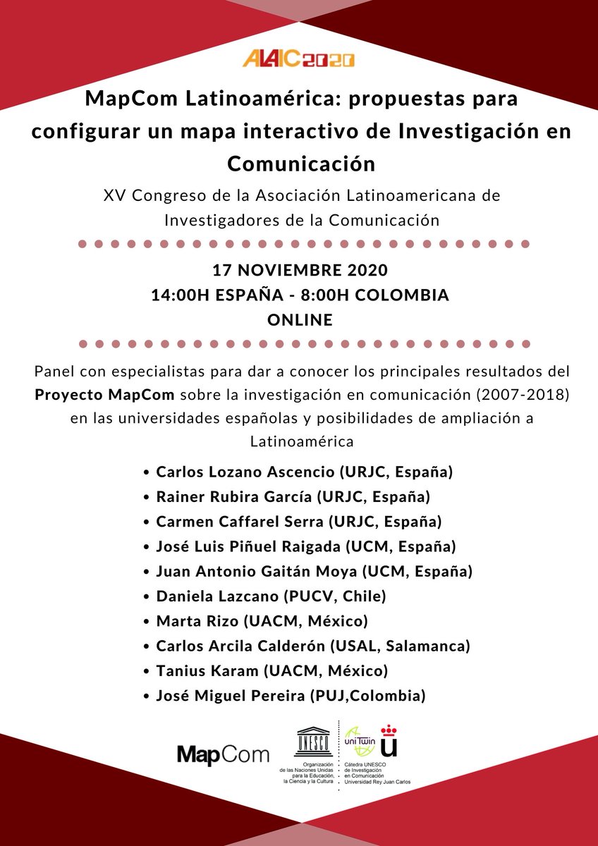 comunesco's tweet photo. Desde la Cátedra UNESCO de Investigación en Comunicación os invitamos a asistir al evento online que se realizará en paralelo al #CongresoALAIC de @alaicorg. 

📅 17 nov. | 14:00h (España) - 8:00h (Colombia)
📍 Más información e inscripción: https://t.co/Ky0x0rY9S6 https://t.co/wj1634exer