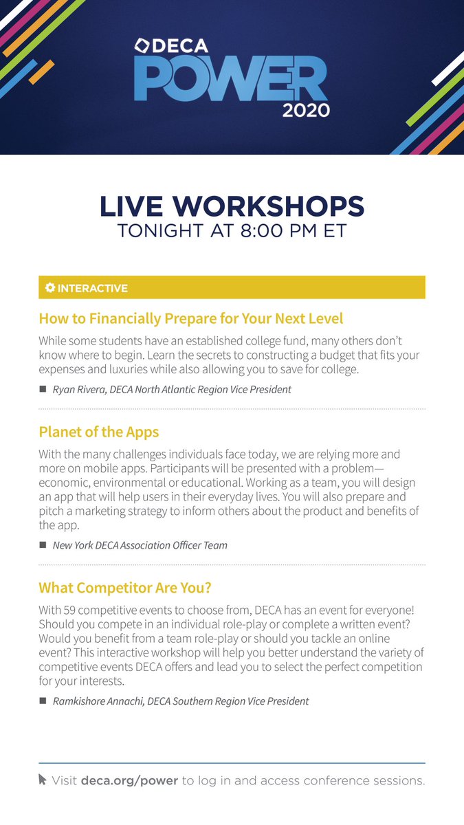Check out the awesome live workshops heading your way this evening for the 2020 DECA Power Experience! #POWER2020 <a href="/DECAInc/">DECA Inc.</a>