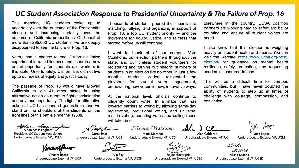 uclaEVP's tweet photo. @_UCSA on Presidential Uncertainty and Prop 16’s Failure. 

Bruins, especially our BIPOC and womxn Bruins, we are with you. Student organizing has never ended at the ballot box and it won’t stop now either. Students of color have fought for decades and we refuse to stop now ✊ https://t.co/fmPe5gzPYE