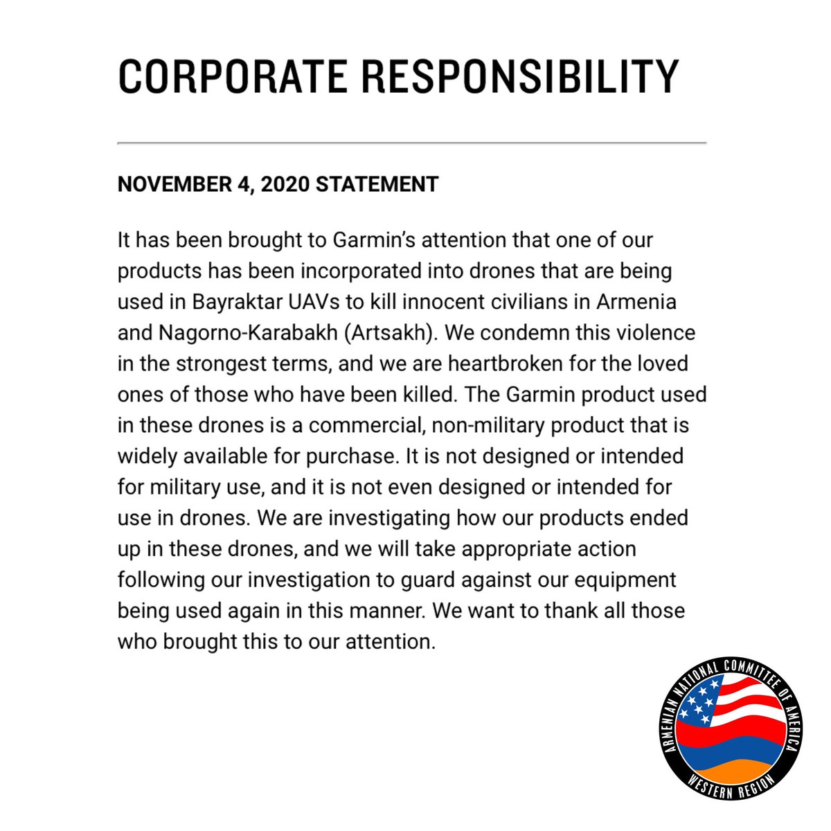 ANCA_WR's tweet photo. It’s working! 
Here is a statement from garmin that was posted on https://t.co/J05C4s0TBb. 

Keep up the pressure ✊🏽 @ANCA_DC https://t.co/ct1KzyZNSX