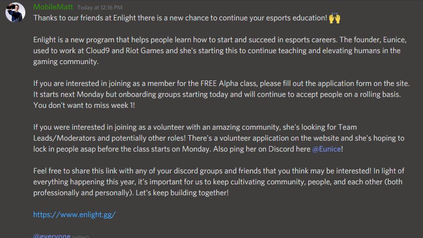 Our friends at <a href="/Enlightgg/">Enlight</a> have a great new program to help people advance in their esports careers!

Visit enlight.gg to get involved 🙌