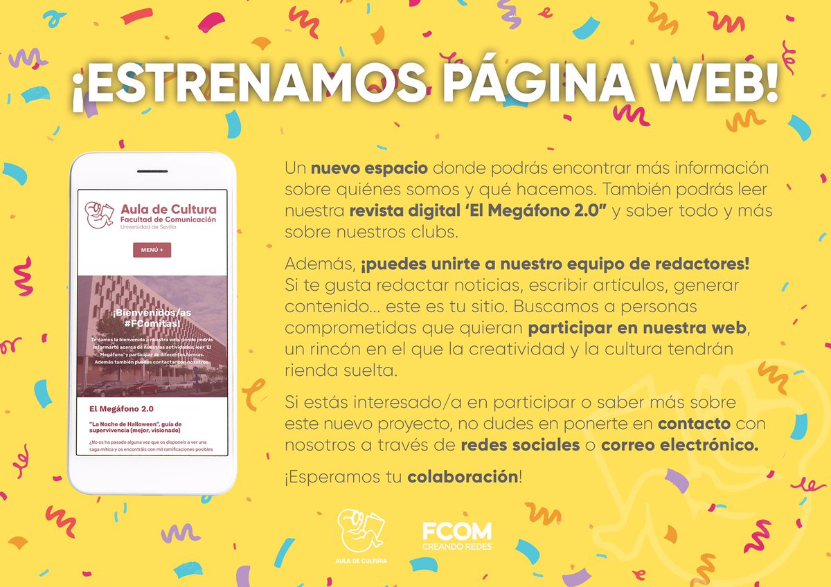 CulturaFcom's tweet photo. 📢 ¡Atención #FComitas!
Estamos muy contentos de poder compartir con vosotros esta noticia ¡estrenamos nueva web! 💻
Nuestra web estará abierta a todo tipo de públicos y propuestas ¡es de todos! Por ello, esperamos vuestra colaboración y participación. 📩
#FComContigo https://t.co/K9sSAEWr6S