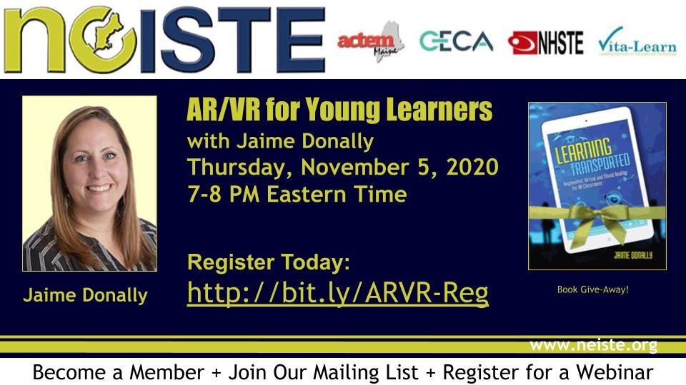 JaimeDonally's tweet photo. In place of the #ARVRinEDU chat tonight, I'm sharing in the @NE_iste webinar tomorrow at 7PM Eastern!
Join me https://t.co/Y7DvONCGVm
#AR & #VR tools & apps for young, diverse learners across content areas - virtual or in-class + #LearningTransported Book raffle! https://t.co/gMHtmnxfOZ