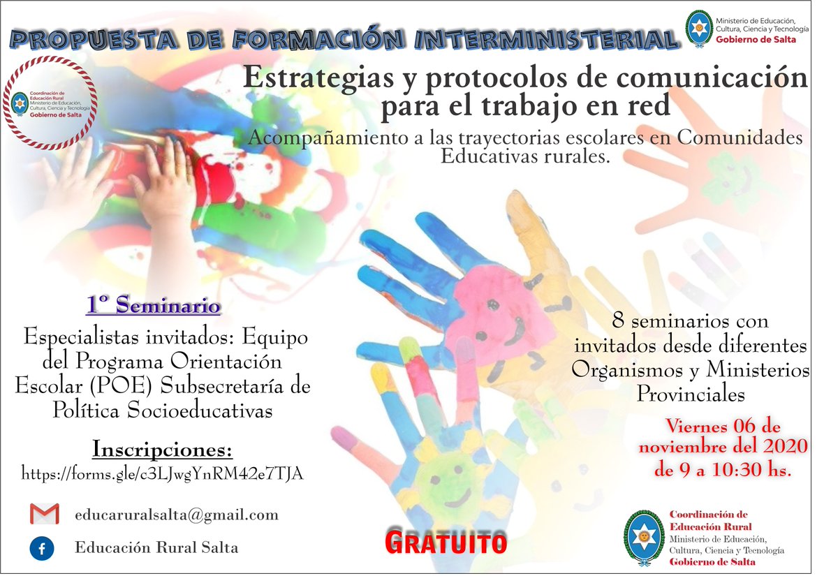 MEducacionSalta's tweet photo. Propuesta de Formación Interministerial: “Estrategias y Protocolos de Comunicación para un Trabajo en Red: Acompañamiento a las trayectorias escolares en Comunidades Educativas rurales”.
El 1° Seminario se realizará el viernes 6 de noviembre. 
➡ https://t.co/y7B5RgDC15 https://t.co/POZAOdKB9h