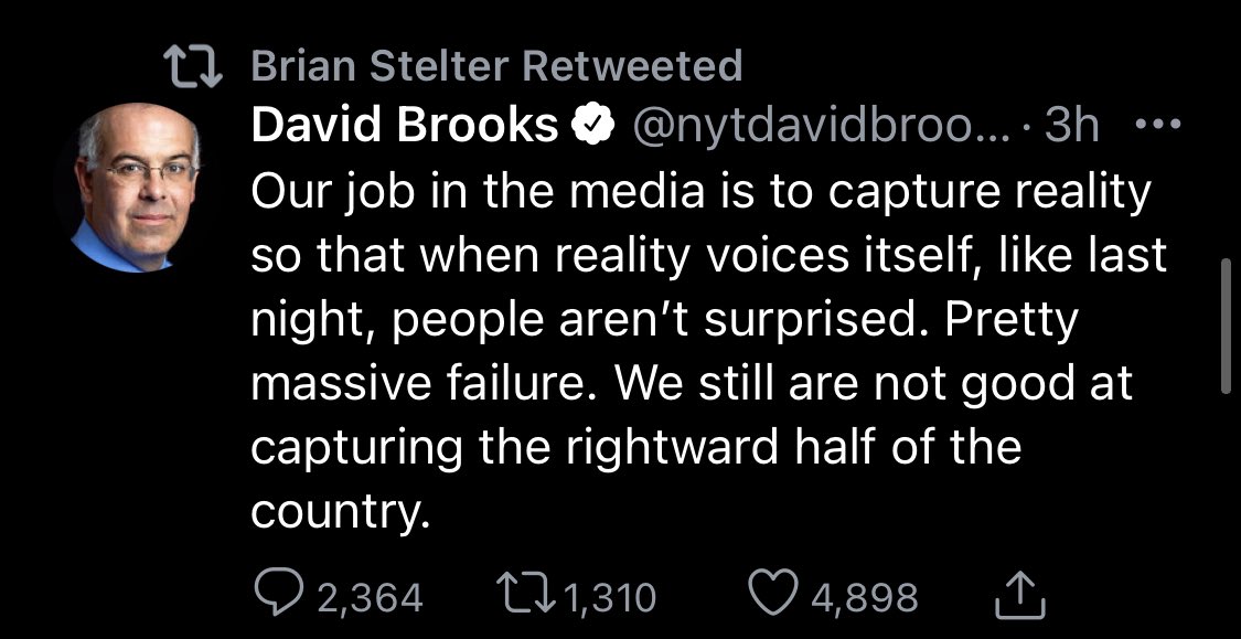 Like look at this.  @brianstelter is already buying into the “move to the right/understand the right” narrative Brooks is putting out there.Embarrassing. Utterly embarrassing. This is what’s wrong with media. These guys are absolutely oblivious to the left.