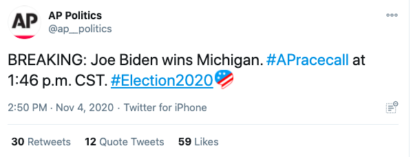 DISINFO ALERT: At least three fake Associated Press accounts deceptively posted within the past several minutes—in apparent coordination—that AP has declared Joe Biden the winner in Michigan. This has not happened yet.

Twitter is acting quickly to remove the accounts.