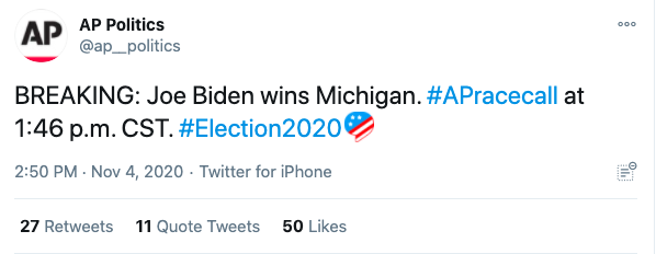 dnvolz's tweet photo. DISINFO ALERT: At least three fake Associated Press accounts deceptively posted within the past several minutes—in apparent coordination—that AP has declared Joe Biden the winner in Michigan. This has not happened yet.

Twitter is acting quickly to remove the accounts. https://t.co/Gm5pb88XWb