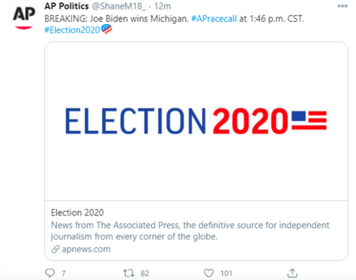 dnvolz's tweet photo. DISINFO ALERT: At least three fake Associated Press accounts deceptively posted within the past several minutes—in apparent coordination—that AP has declared Joe Biden the winner in Michigan. This has not happened yet.

Twitter is acting quickly to remove the accounts. https://t.co/Gm5pb88XWb