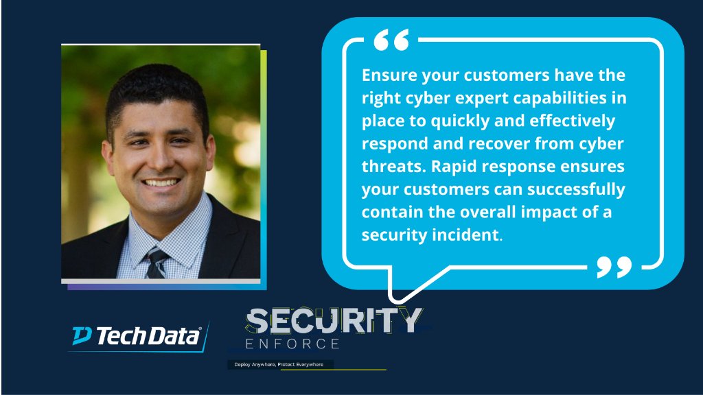 TechDataSecInf's tweet image. .@RubenCabrera is discussing how our channel partners can leverage our new Incident Response - Emergency service to help customers respond and recover from cyberattacks. #TechDataEnforce