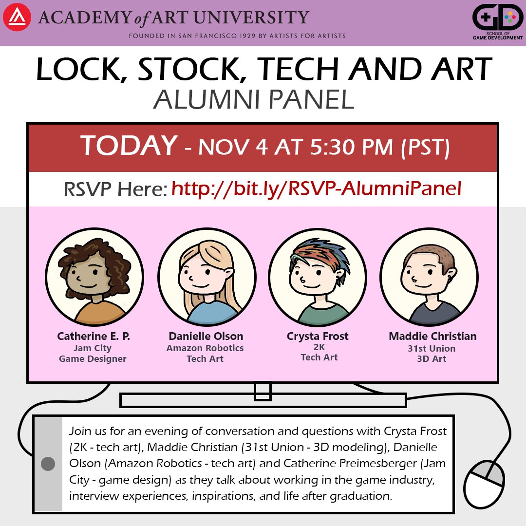 ArtUGameDev's tweet photo. Interested in life after graduation? Come to our Lock, Stock, Tech and Art: Alumni Panel happening TODAY (11/4) at 5:30pm (PST)!  RSVP HERE: https://t.co/0U0FxgRVx5 https://t.co/6wMXlPrHpZ