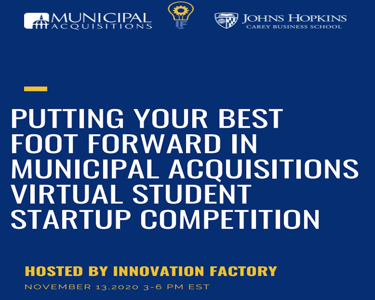 HopkinsBiotech's tweet photo. MUNICIPAL ACQUISITIONS VIRTUAL STUDENT STARTUP COMPETITION on Nov 13th - https://t.co/DOK5aqwVvW https://t.co/DbT844bkXp