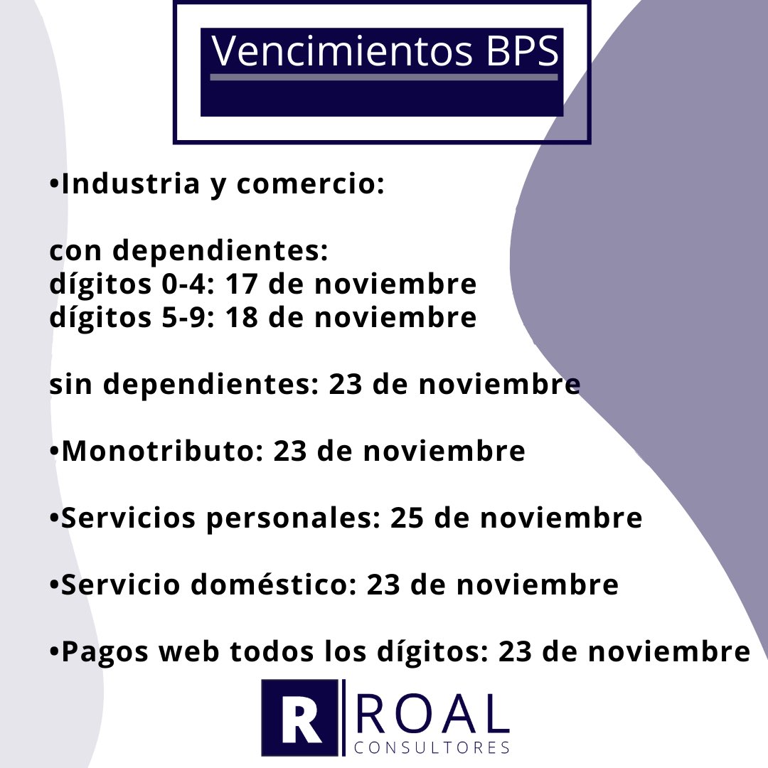 Recordá los vencimientos de DGI y BPS correspondientes al mes de noviembre.
✅ Revisa hasta qué fecha estás en plazo para pagar.
✅ Evita multas y recargos pagando en fecha.
Si te quedan dudas respecto a qué día vence el plazo para pagar tus obligaciones comunícate con nosotros!