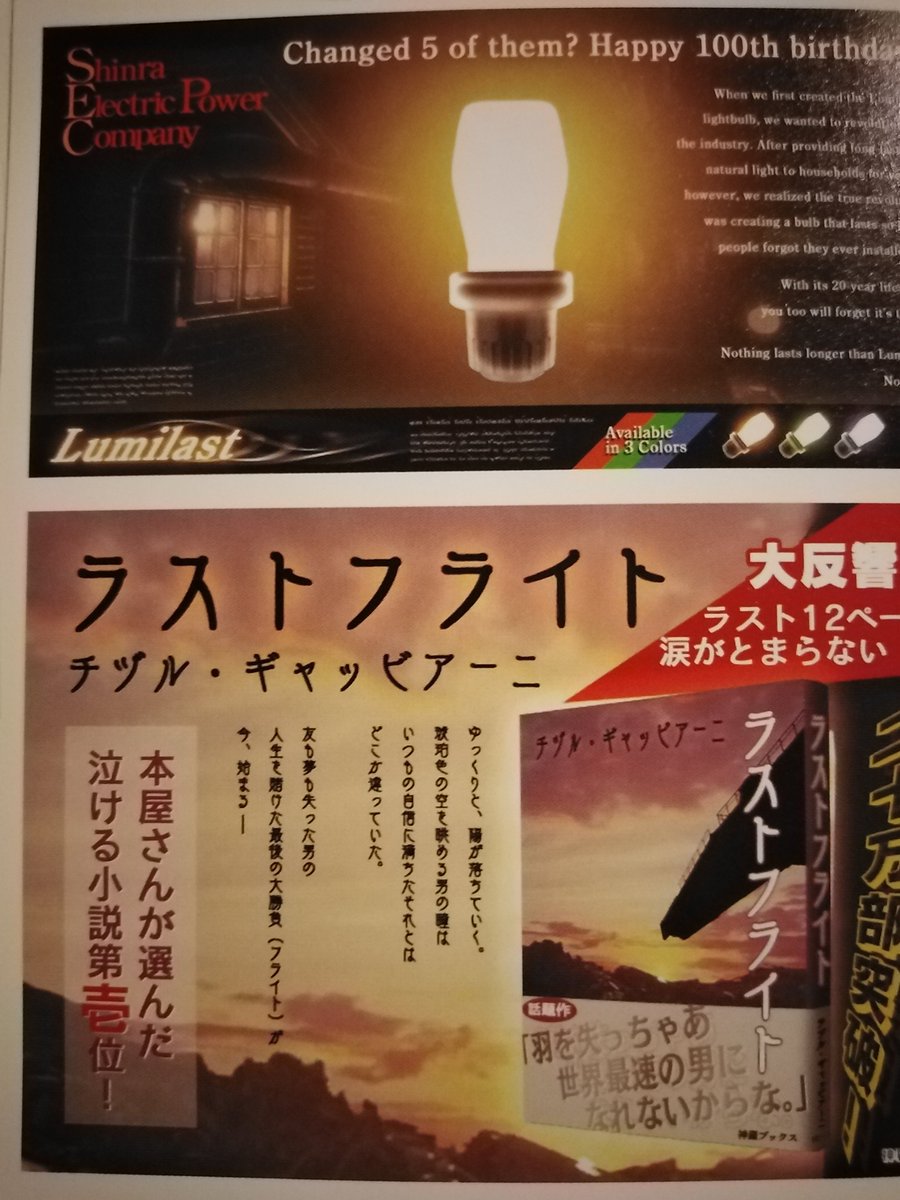 The top picture is a light bulb that apparently lasts 20yrs,so if you change it 5 times you've lived a long life. The bottom picture is a novel about a man riding an airship in search of friends. It's a popular book in Midgar.