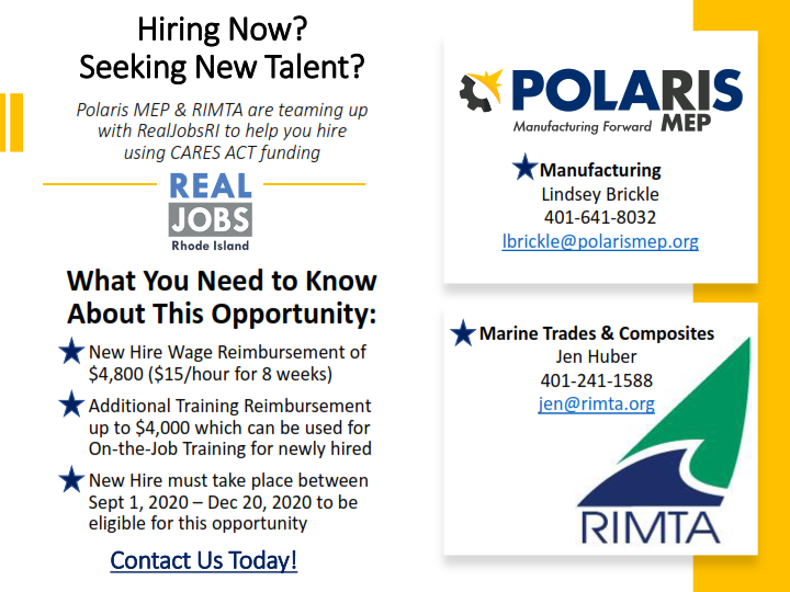#RhodeIsland #Manufacturers: you could receive up to $8,800 in wage &amp; training reimbursement if you hire workers for #manufacturing / #composites jobs under a short-term <a href="/RealJobsRI/">Real Jobs RI</a> grant. 

Learn more at go.polarismep.org/marine-machine….

<a href="/RIMarineTrades/">RIMTA</a> #Hiring #CARESAct