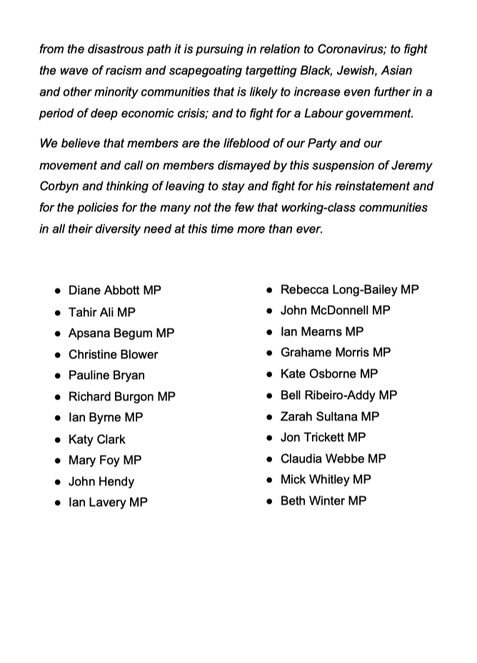 socialistcam's tweet photo. Jeremy must be reinstated.
Statement following tonight’s meeting of the Socialist Campaign Group of Labour MPs. https://t.co/qhuovdGVSI