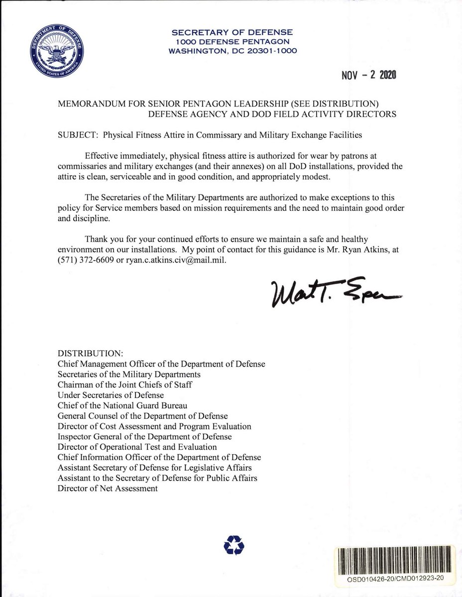 morganinj1's tweet photo. SECDEF signed memo to authorize PT attire in commissary and exchanges @TheWTFNation @SGMtheMan1 @WTFIOGuy @WTF_Judge @USAWTFM_Korea @USAWTFMPentagon @SW_usawtfm https://t.co/Bv63gYvRoF