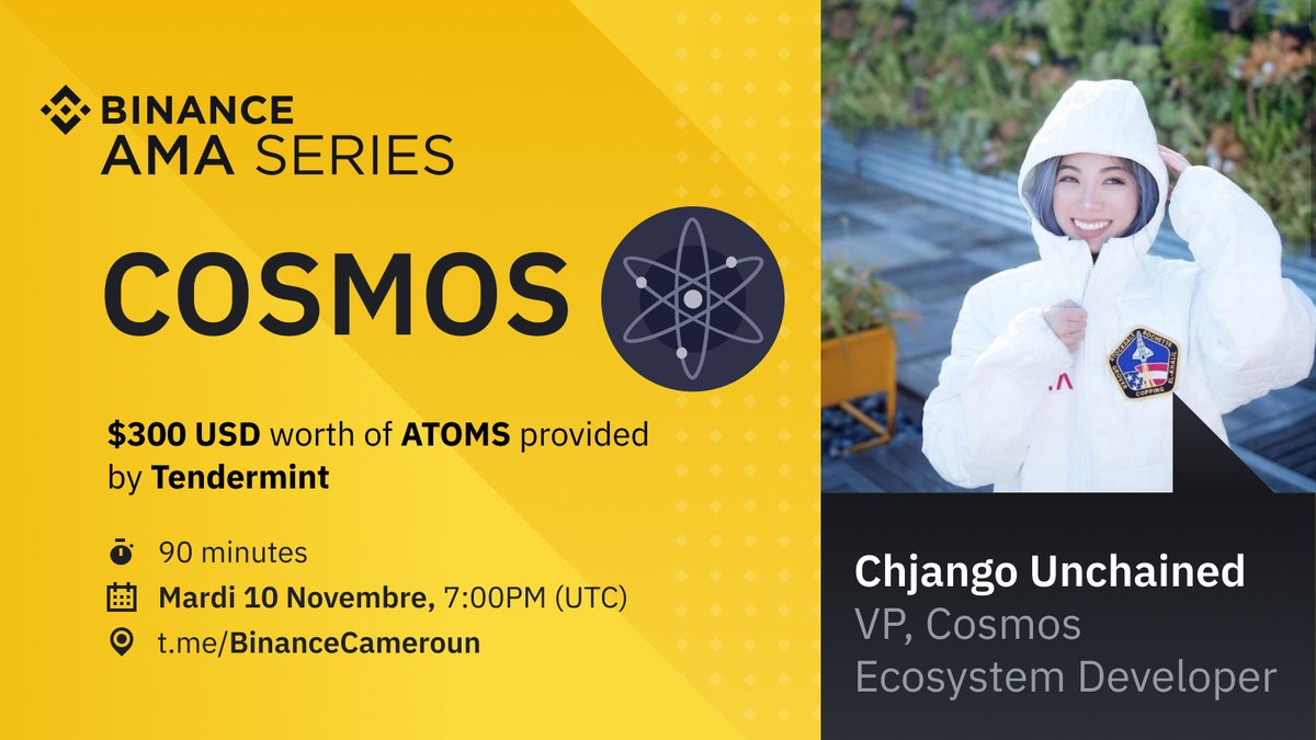 binance's tweet photo. 🎯Rejoignez-nous Mardi le 10 novembre 🗓 à 19h ⌚️ Heure du Cameroun 🇨🇲 pour une session d’AMA dans le groupe Binance Cameroun avec @chjango, la responsable du développement de l'écosystème Cosmos.

Il y aura 300$ des jetons de $ATOM à gagner!🏆 

➡️ https://t.co/GEU5Wj74WR https://t.co/jtpzPqVea1