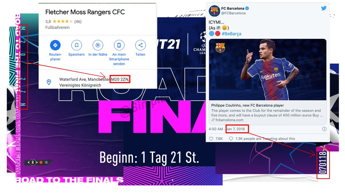 Simplblue88's tweet image. A post code on the left and a Date on the right on the loading Screen 🤔
Post Code: Place of Rashfords childhood Club he has played for (03-05).

Date: Barcelona announced the signing of Coutinho from Liverpool. 

Rashford &amp;amp; Coutinho RTTF on Friday?👀 #Fifa21