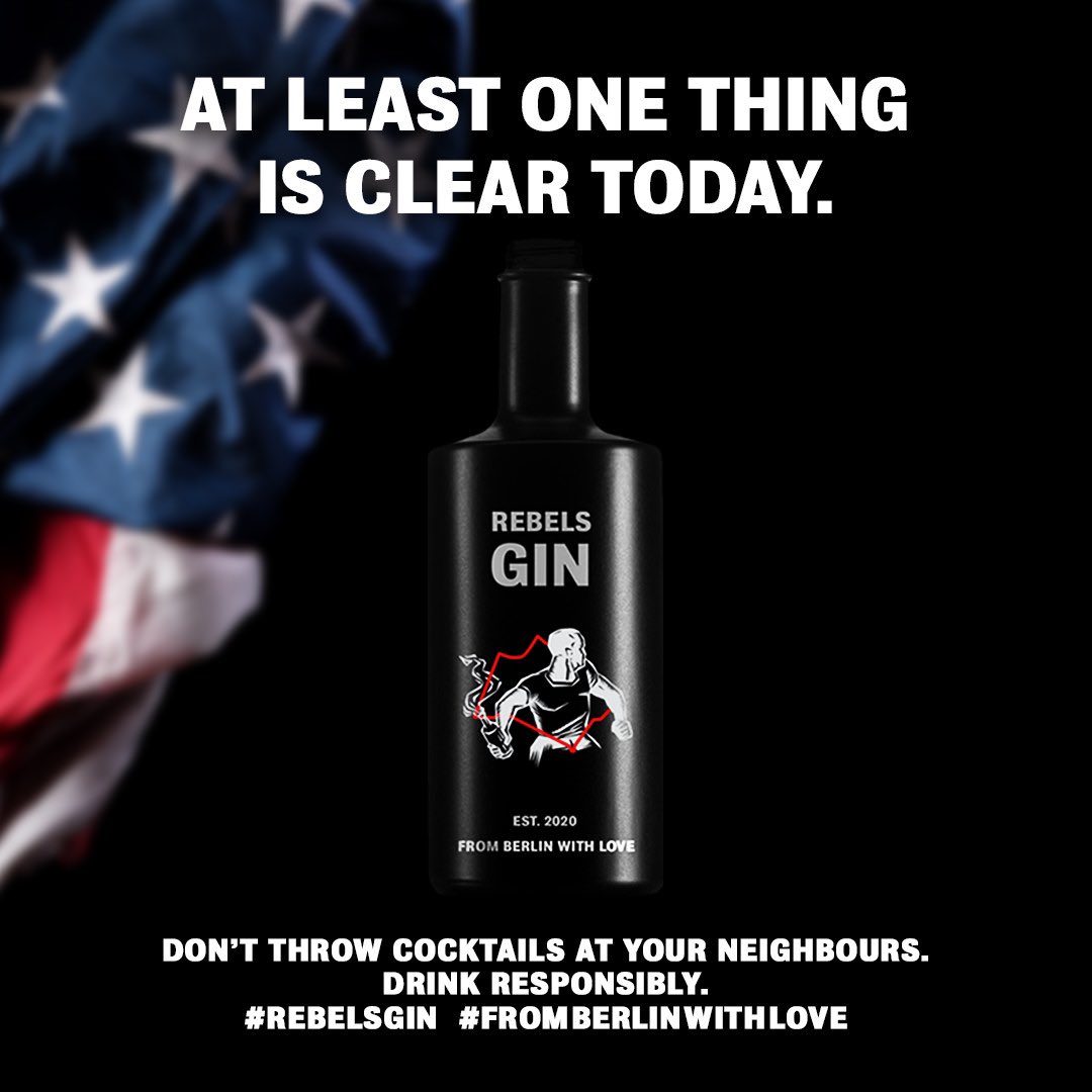 AT LEAST ONE THING IS CLEAR TONIGHT.
#FromBerlinWith🖤

#Elections2020 #ElectionNight #USElection #biden #trump #rebelsgin #rebels #rebellion #gin #ginandtonic #spirits #bar #berlin #ginlovers #cocktails #bartender #barkeeper #edgy #cheeky #sexy #black #design #bedifferent