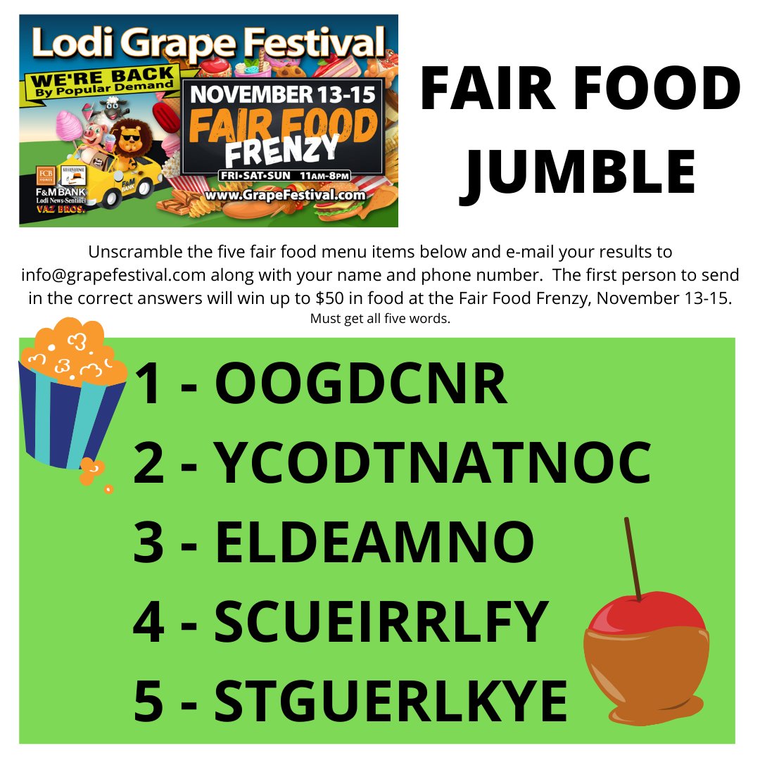 LodiGrapeFest's tweet photo. CONTEST ALERT!  Play along and try to win $50 in food at Fair Food Frenzy, November 13-15.  #lodigrapefestival #lgffairfoodfrenzy #fairfood #fair https://t.co/o6umofD2LT