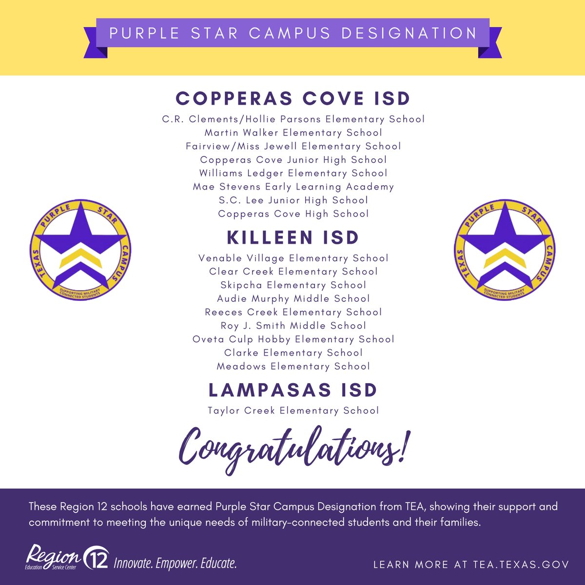 escregion12's tweet photo. Congratulations 🎉 to schools from @copperascoveisd @KilleenISD_ @LampasasISD on earning Purple Star Campus Designation, showing their commitment to meeting the unique needs of military-connected students and their families. 

🔎 Learn more at https://t.co/MohMvVIhpO https://t.co/h9PffxSpHj