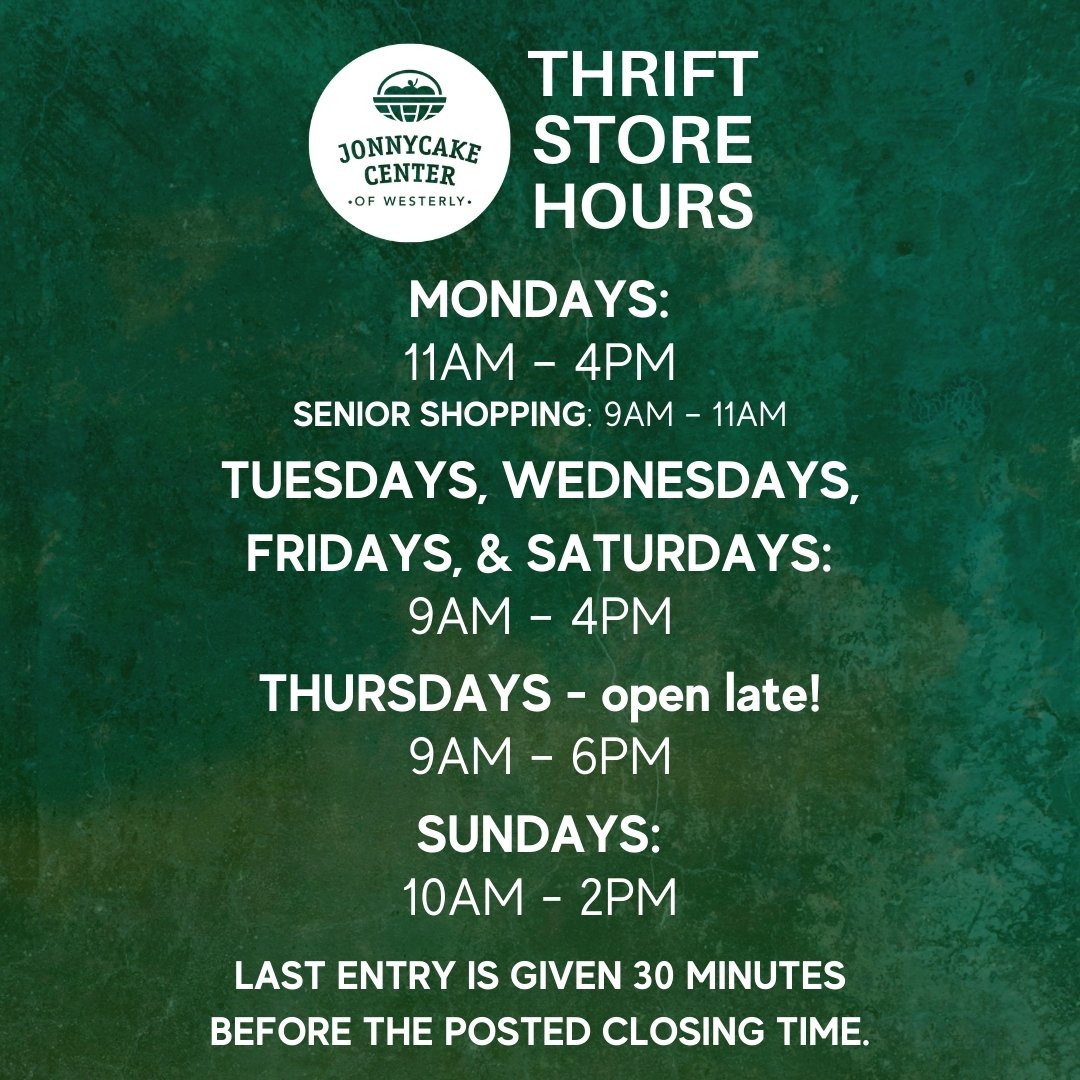 JonnycakeCenter's tweet photo. .#ICYMI: The Jonnycake Center of Westerly Thrift Store is once again open 7 days per week! Find us at 23 Industrial Dr. for affordable clothes, wares, supplies, and much more. Proceeds help provide care and food for neighbors in need! #WeAreCommunity #SustainingCommunityTogether https://t.co/wEAfvwn4xo