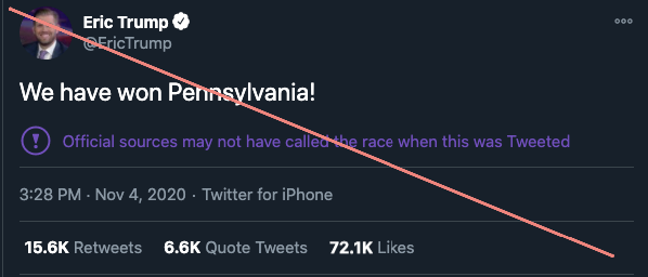  UPDATE: Twitter labels tweets from White House Press Secritary and the president's son with a message saying, "Official sources may not have called the race when this was Tweeted."