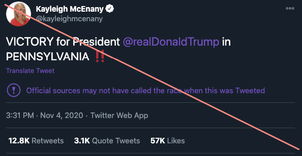  UPDATE: Twitter labels tweets from White House Press Secritary and the president's son with a message saying, "Official sources may not have called the race when this was Tweeted."