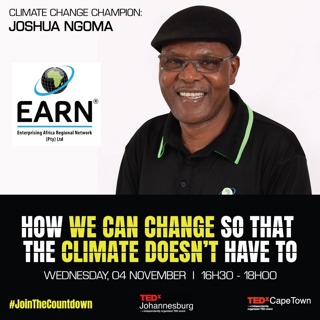 tedxcapetown's tweet photo. Meet #ClimateChange Champion, the founder &amp; Chief Enabler of @EARN_AFRICA: #JoshuaNgoma. Joshua is focused on creating global impact through the development of a new generation of successful African Entrepreneurs🌱💰, in the Agriculture sector. 

#IntersectionsOfChange
#TEDxCT https://t.co/zWsBgymavq