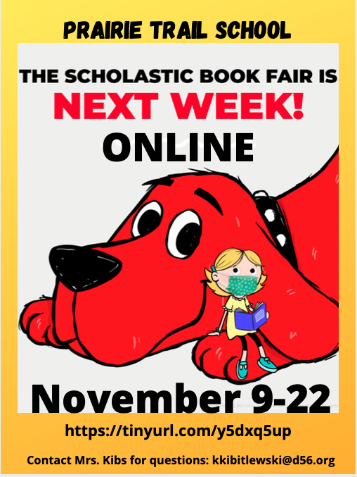The PT Scholastic Online Book Fair will be Nov. 9-22. Please help support Prairie Trail School by buying some books! Every purchase helps us buy more books for our students! <a href="/PrairieTrailD56/">Prairie Trail</a> <a href="/d56achieve/">D56Achieve</a> 
tinyurl.com/y5dxq5up